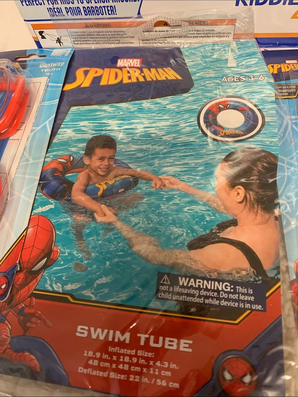 Spider-Man 4-Pc Swim Set NEW Kiddie Pool (2) Swim Goggles and matching Swim Tube